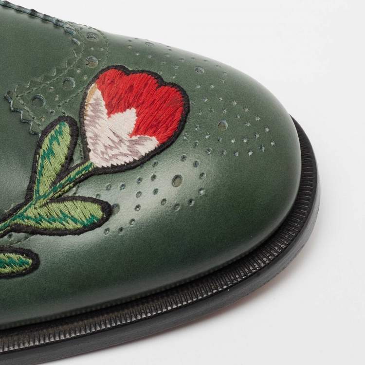 Pre Owned Gucci Green Leather Web Accent Leather Brogues Oxford Size 42