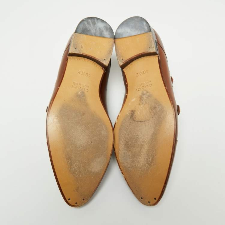 Pre Owned Gucci Brown Leather Double Buckle Monk Strap Oxfords Size 40.5