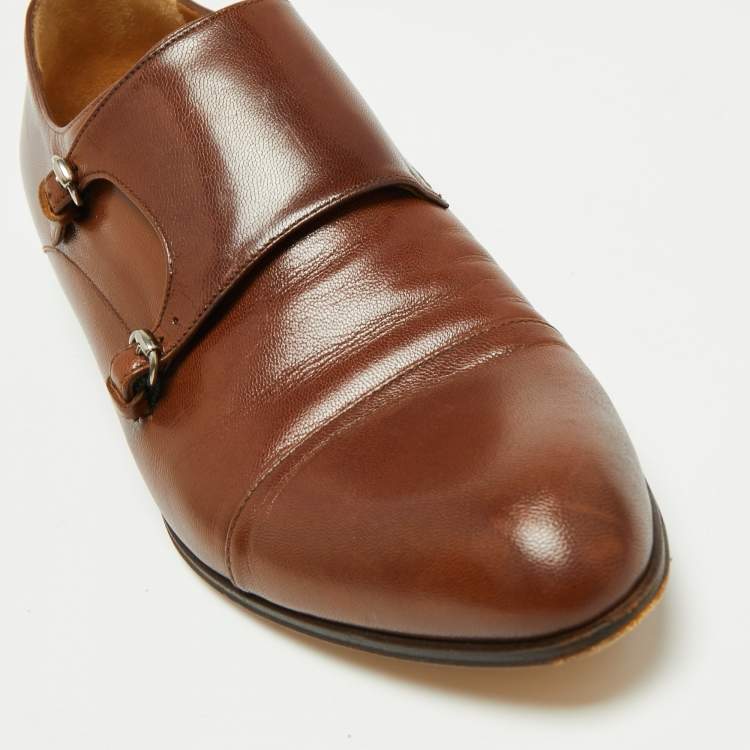 Pre Owned Gucci Brown Leather Double Buckle Monk Strap Oxfords Size 40.5