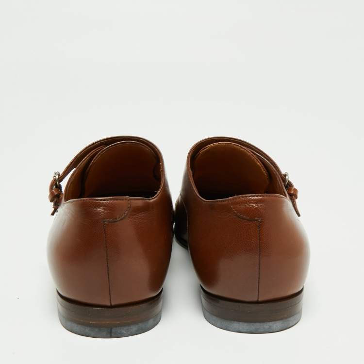 Pre Owned Gucci Brown Leather Double Buckle Monk Strap Oxfords Size 40.5