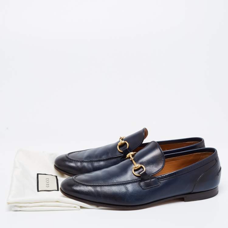 Pre Owned Gucci Navy Blue Leather Horsebit Jordaan Loafers Size 42