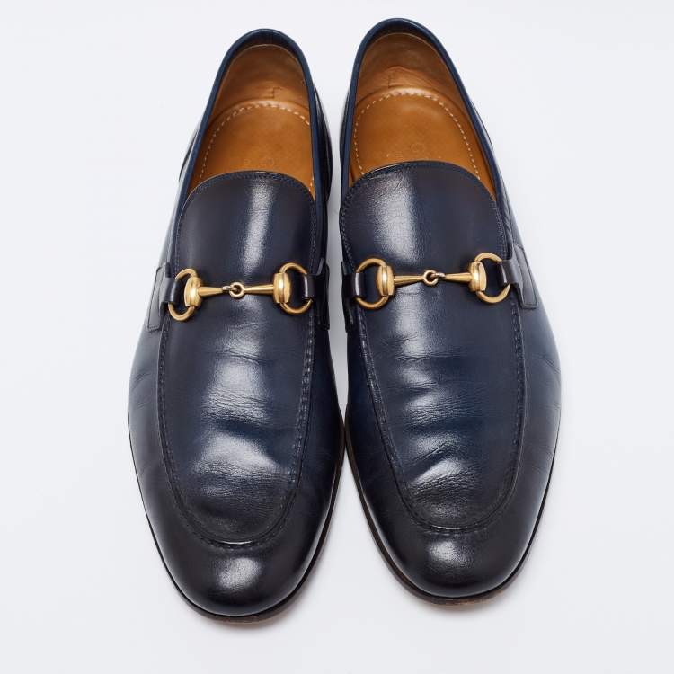 Pre Owned Gucci Navy Blue Leather Horsebit Jordaan Loafers Size 42