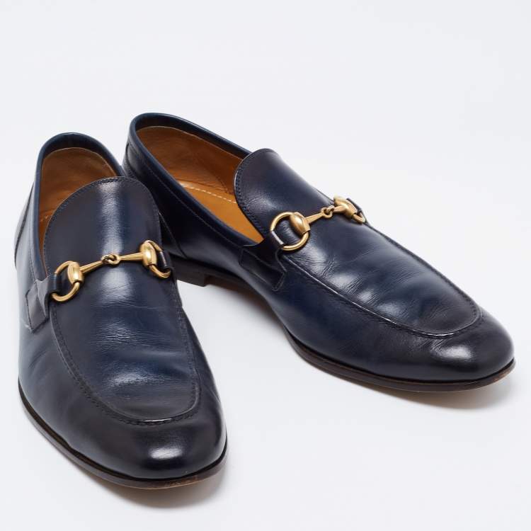 Pre Owned Gucci Navy Blue Leather Horsebit Jordaan Loafers Size 42