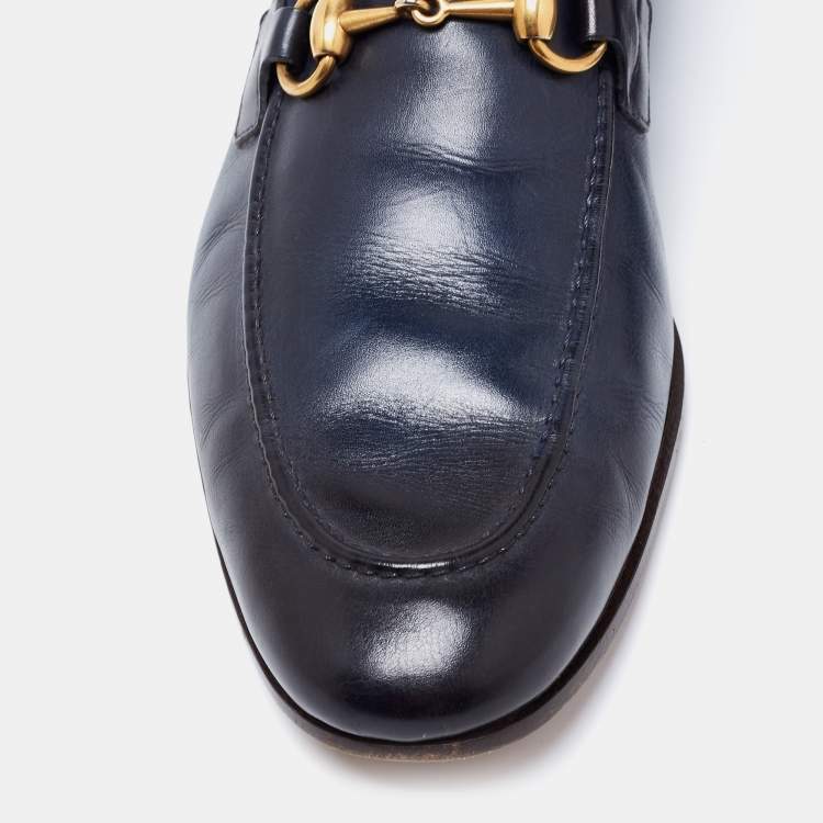 Pre Owned Gucci Navy Blue Leather Horsebit Jordaan Loafers Size 42