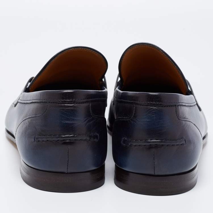 Pre Owned Gucci Navy Blue Leather Horsebit Jordaan Loafers Size 42