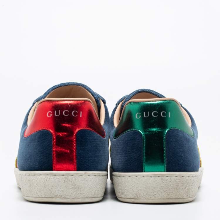 Pre Owned Gucci Blue Velvet And Leather Web Ace Sneakers Size 42