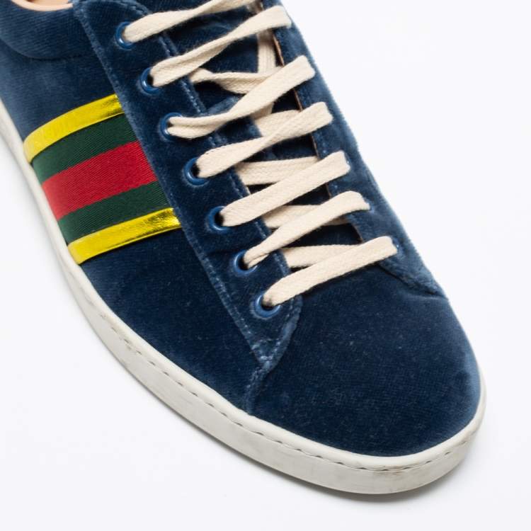 Pre Owned Gucci Blue Velvet And Leather Web Ace Sneakers Size 42