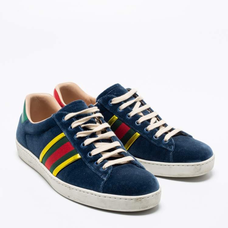 Pre Owned Gucci Blue Velvet And Leather Web Ace Sneakers Size 42
