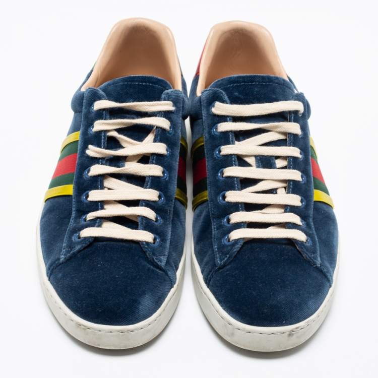 Pre Owned Gucci Blue Velvet And Leather Web Ace Sneakers Size 42