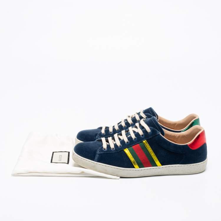 Pre Owned Gucci Blue Velvet And Leather Web Ace Sneakers Size 42