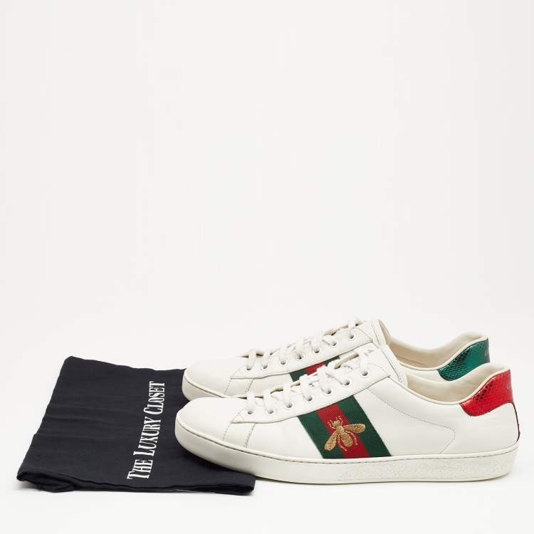 Pre Owned Gucci White Leather Web Detail Embroidered Bee Ace Low Top Sneakers Size 44