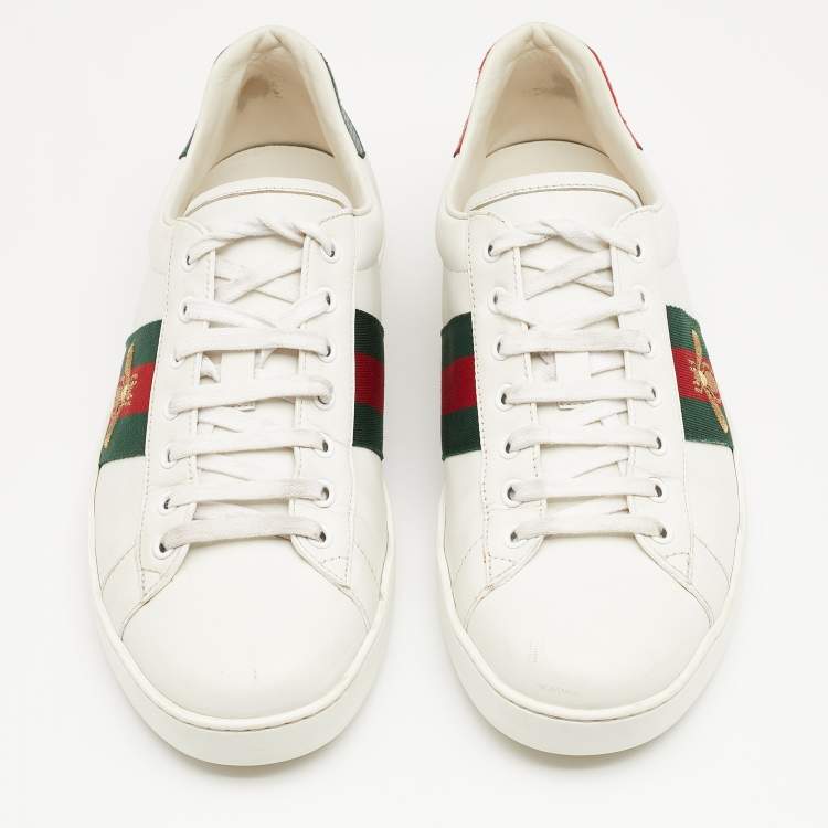 Pre Owned Gucci White Leather Web Detail Embroidered Bee Ace Low Top Sneakers Size 44