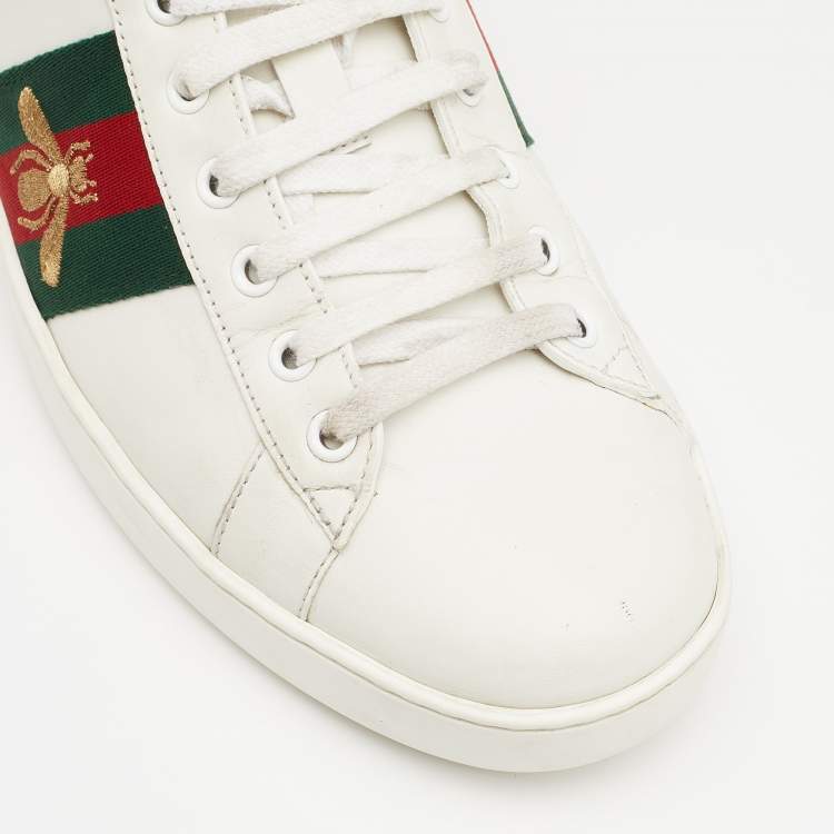 Pre Owned Gucci White Leather Web Detail Embroidered Bee Ace Low Top Sneakers Size 44