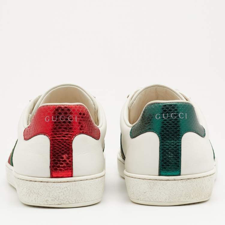 Pre Owned Gucci White Leather Web Detail Embroidered Bee Ace Low Top Sneakers Size 44
