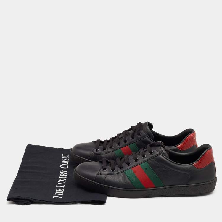 Pre Owned Gucci Black Leather Web Detail Ace Low Top Sneakers Size 44.5