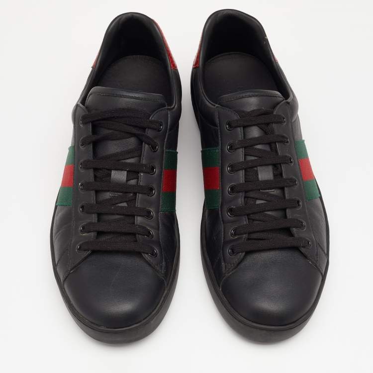 Pre Owned Gucci Black Leather Web Detail Ace Low Top Sneakers Size 44.5