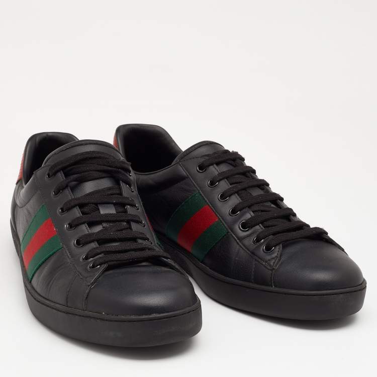 Pre Owned Gucci Black Leather Web Detail Ace Low Top Sneakers Size 44.5