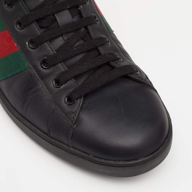 Pre Owned Gucci Black Leather Web Detail Ace Low Top Sneakers Size 44.5