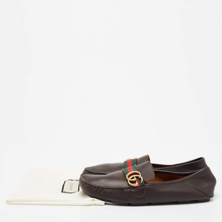 Pre Owned Gucci Dark Brown Leather GG Web Loafers Size 43.5