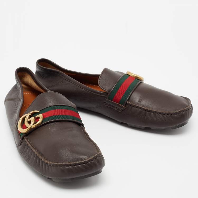 Pre Owned Gucci Dark Brown Leather GG Web Loafers Size 43.5