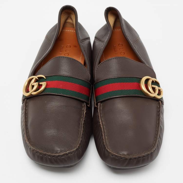 Pre Owned Gucci Dark Brown Leather GG Web Loafers Size 43.5
