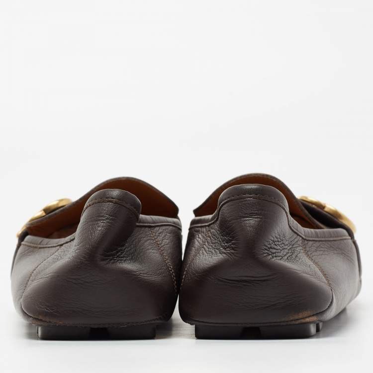 Pre Owned Gucci Dark Brown Leather GG Web Loafers Size 43.5