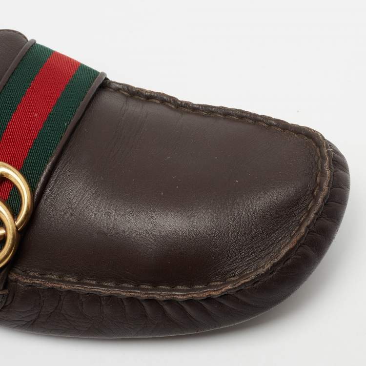 Pre Owned Gucci Dark Brown Leather GG Web Loafers Size 43.5