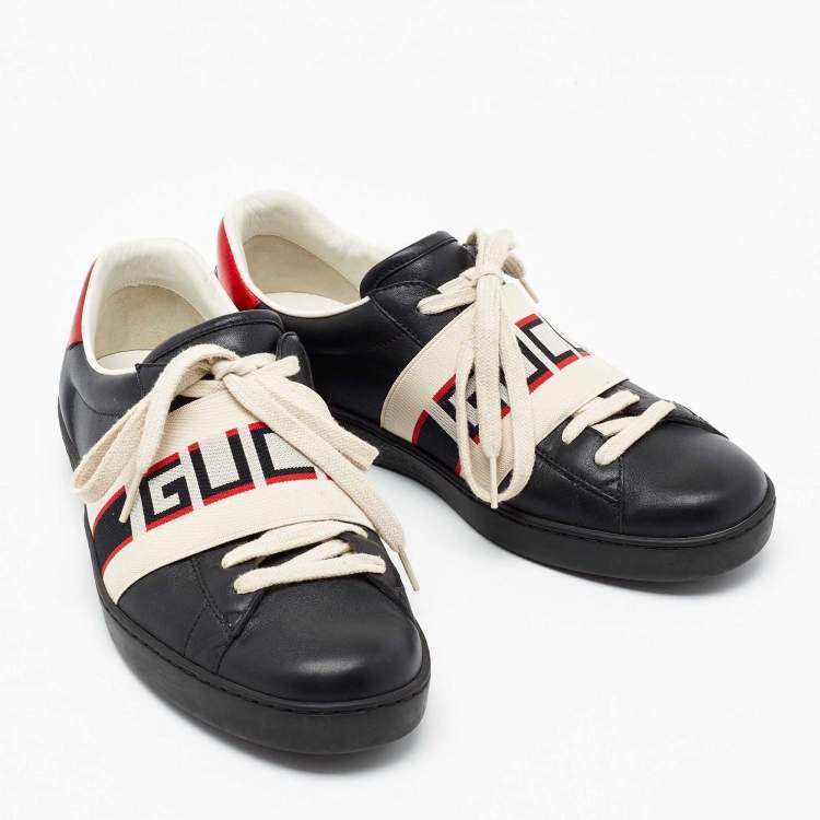 مملوكة مسبقًا Gucci Black Leather Ace Stripe Low Top Sneakers  Size 40.5 