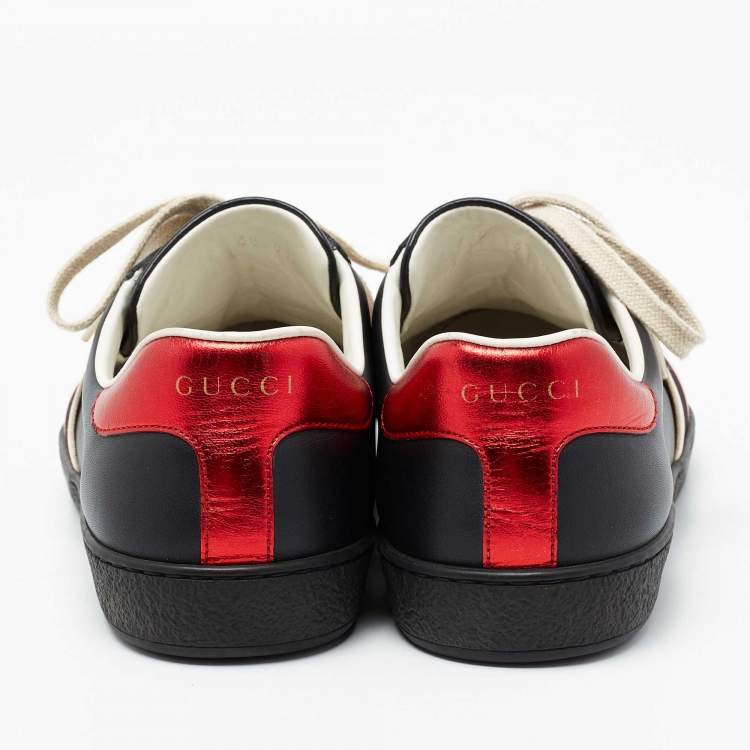 مملوكة مسبقًا Gucci Black Leather Ace Stripe Low Top Sneakers  Size 40.5 