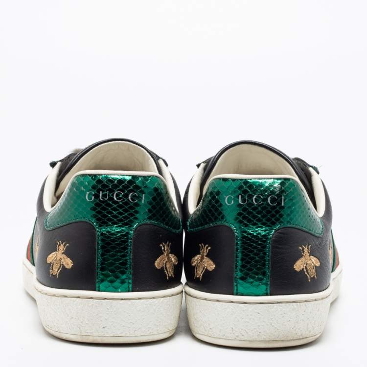 Pre Owned Gucci Black Leather Ace Bees and Stars Embroidered Low Top Sneakers Size 40.5