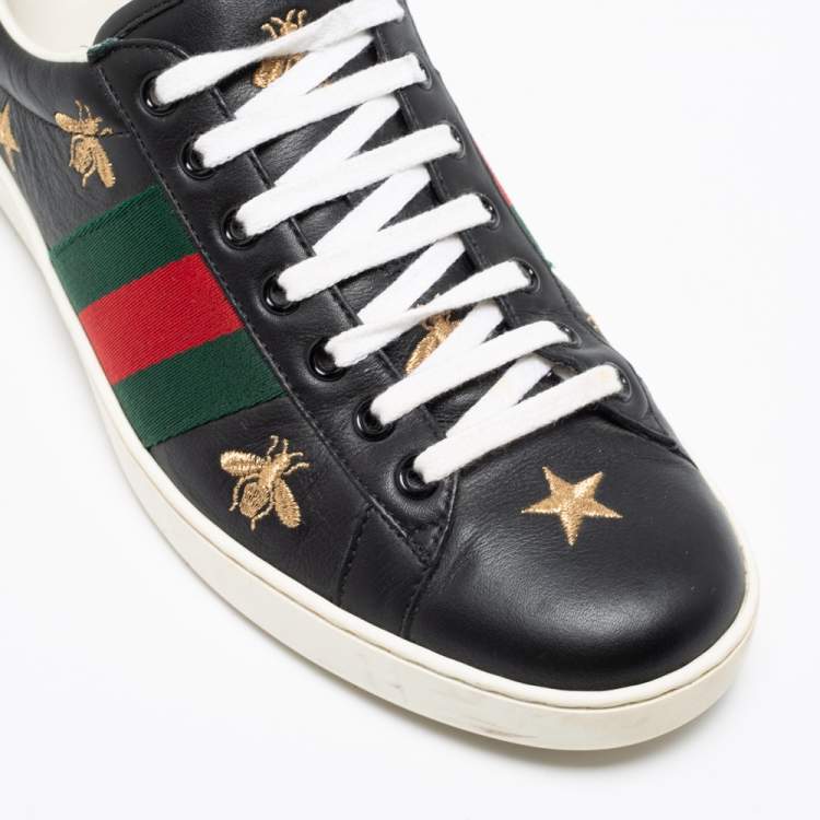 Pre Owned Gucci Black Leather Ace Bees and Stars Embroidered Low Top Sneakers Size 40.5