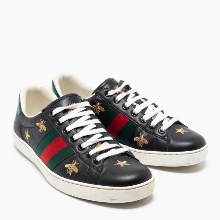 Pre Owned Gucci Black Leather Ace Bees and Stars Embroidered Low Top Sneakers Size 40.5