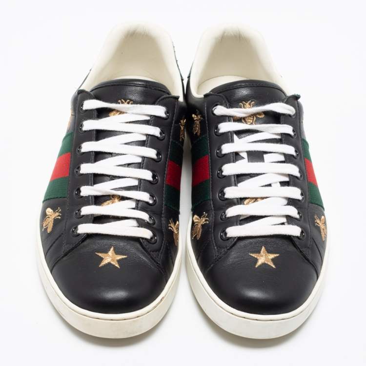 Pre Owned Gucci Black Leather Ace Bees and Stars Embroidered Low Top Sneakers Size 40.5