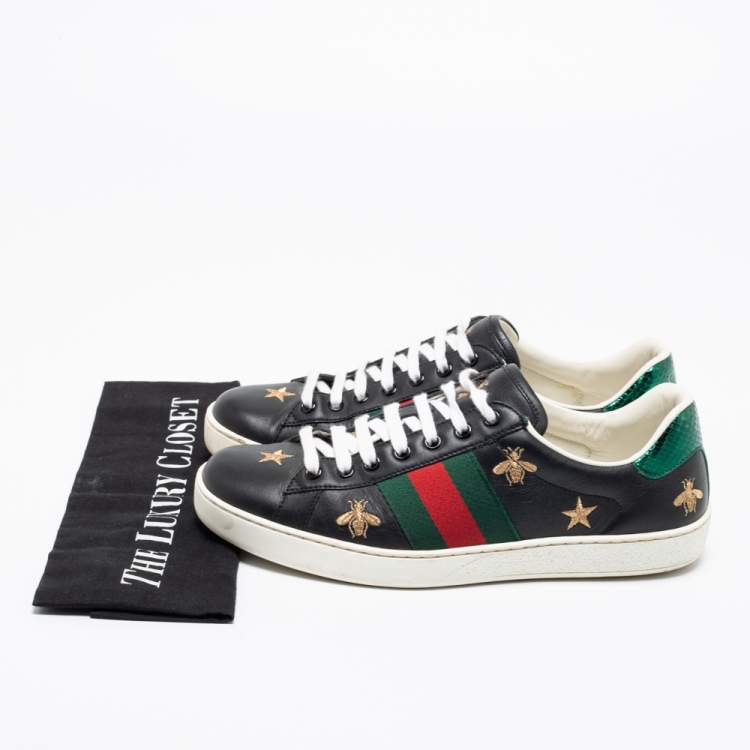 Pre Owned Gucci Black Leather Ace Bees and Stars Embroidered Low Top Sneakers Size 40.5