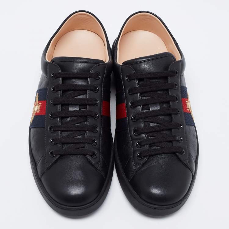 Pre Owned Gucci Black Leather Ace Bee Embroidered Low Top Sneakers Size 43