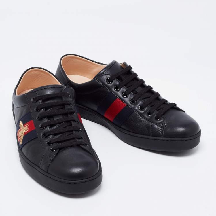 Pre Owned Gucci Black Leather Ace Bee Embroidered Low Top Sneakers Size 43