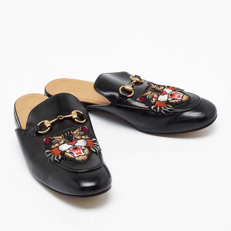 Pre Owned Gucci Black Tiger Patch Leather Princetown Horsebit Flat Mules Size 43