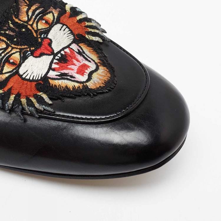 Pre Owned Gucci Black Tiger Patch Leather Princetown Horsebit Flat Mules Size 43