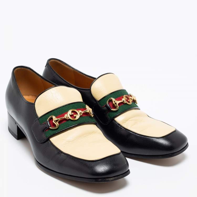 Pre Owned  Gucci Cream/Black Leather Interlocking G Horsebit Loafers Size 41