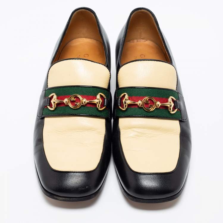 Pre Owned  Gucci Cream/Black Leather Interlocking G Horsebit Loafers Size 41