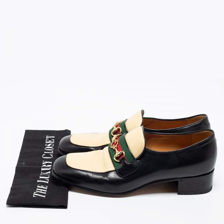 Pre Owned  Gucci Cream/Black Leather Interlocking G Horsebit Loafers Size 41