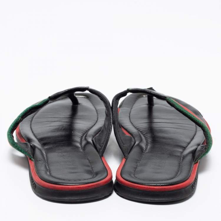 Pre Owned Gucci Black GG Leather Web Detail Thong Flat Sandals Size 43.5