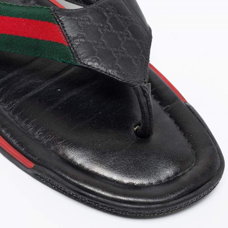 Pre Owned Gucci Black GG Leather Web Detail Thong Flat Sandals Size 43.5