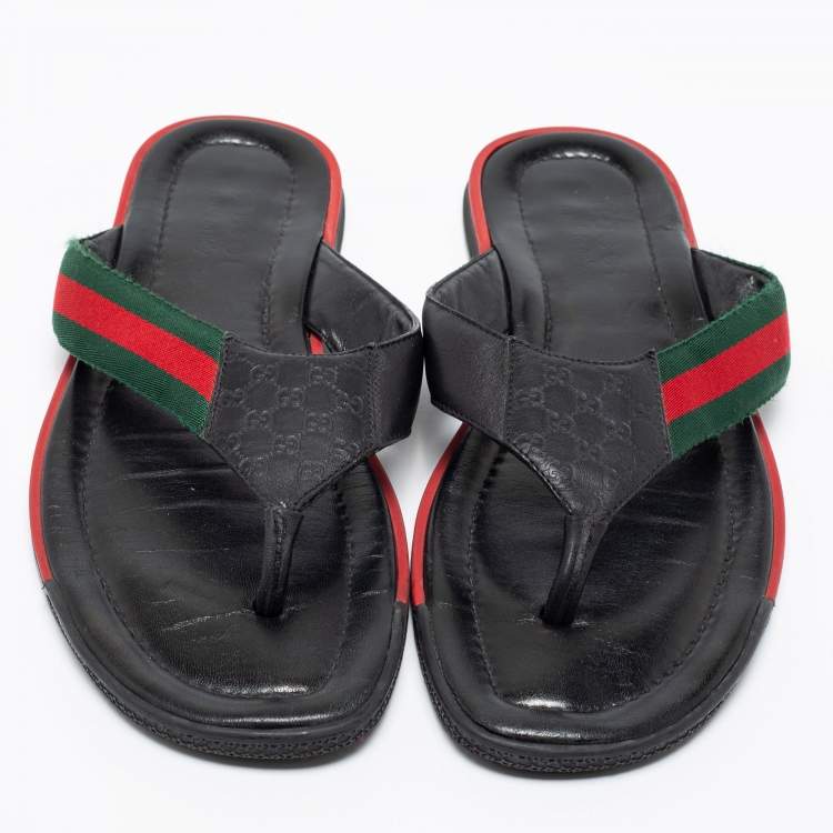 Pre Owned Gucci Black GG Leather Web Detail Thong Flat Sandals Size 43.5