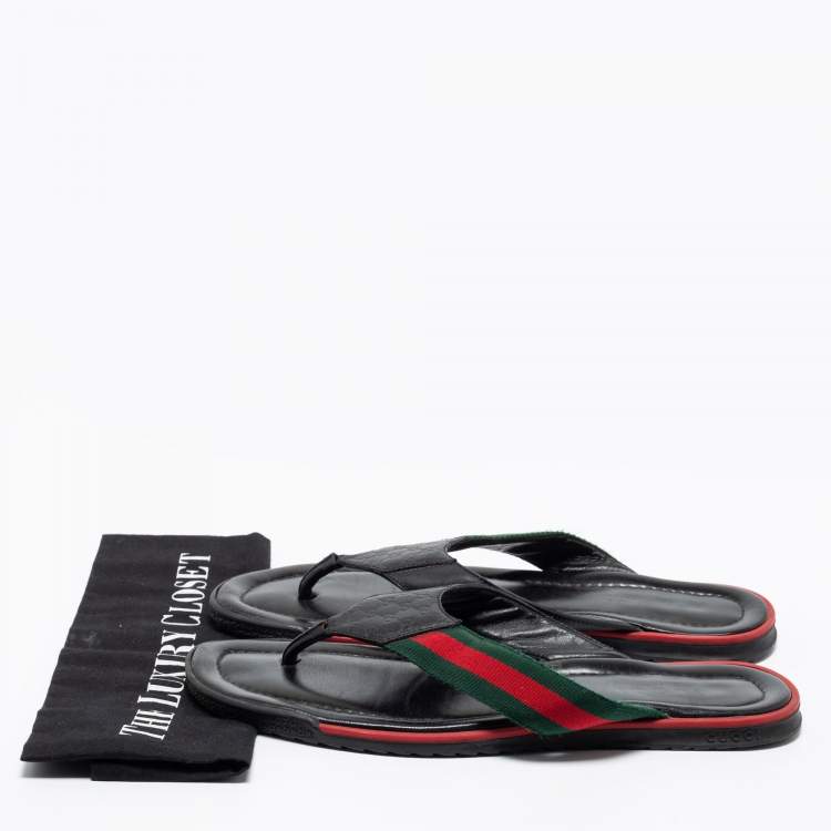 Pre Owned Gucci Black GG Leather Web Detail Thong Flat Sandals Size 43.5