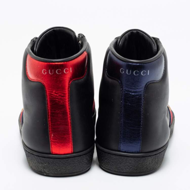 Pre Owned Gucci Black Leather Embroidered Bee Ace High Top Sneakers Size 39.5