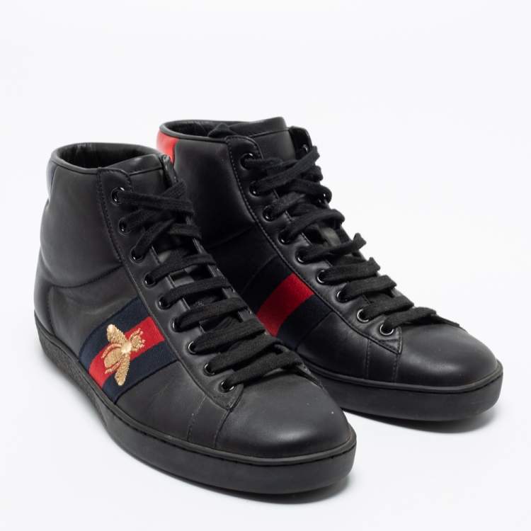 Pre Owned Gucci Black Leather Embroidered Bee Ace High Top Sneakers Size 39.5