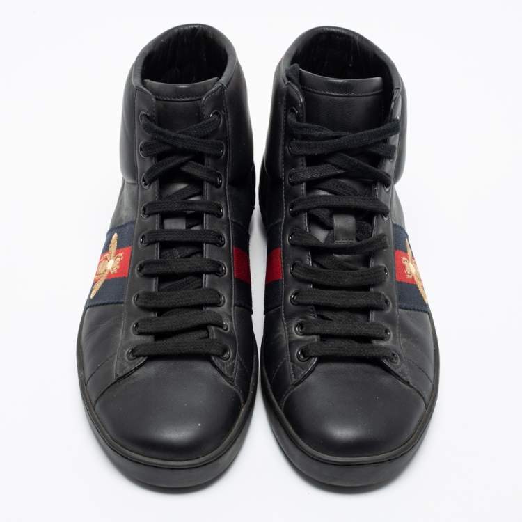 Pre Owned Gucci Black Leather Embroidered Bee Ace High Top Sneakers Size 39.5