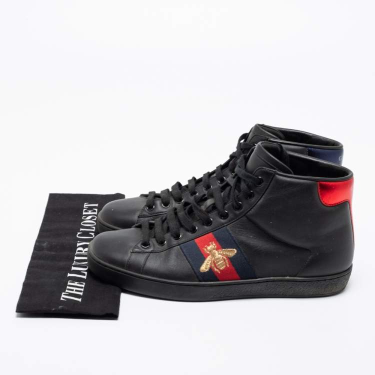 Pre Owned Gucci Black Leather Embroidered Bee Ace High Top Sneakers Size 39.5