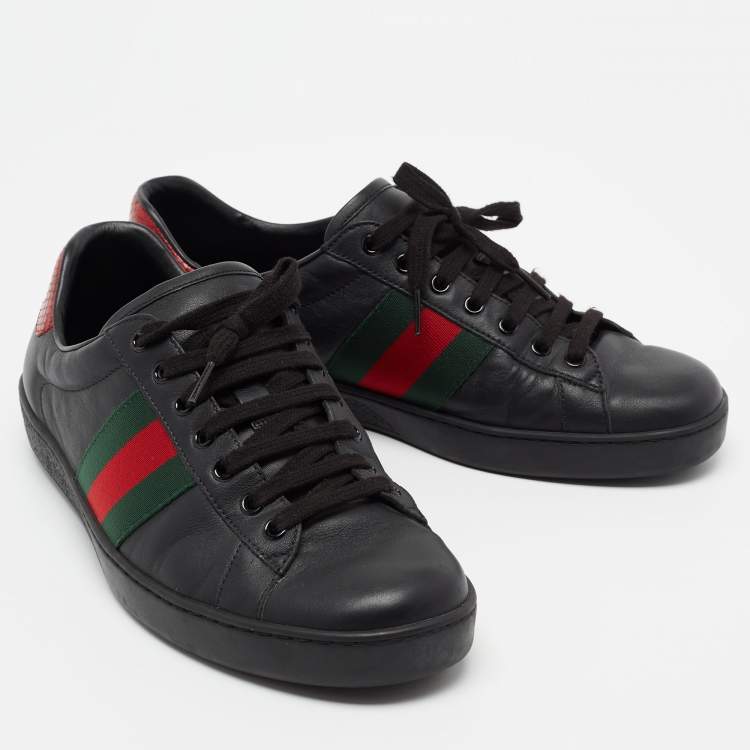 Pre Owned Gucci Black Leather And Snake Embossed Leather Ace Sneakers Size 43.5 